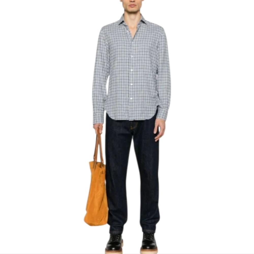 Lucky brand white label fit blue Grey and white plaid button down shirt men's XL
